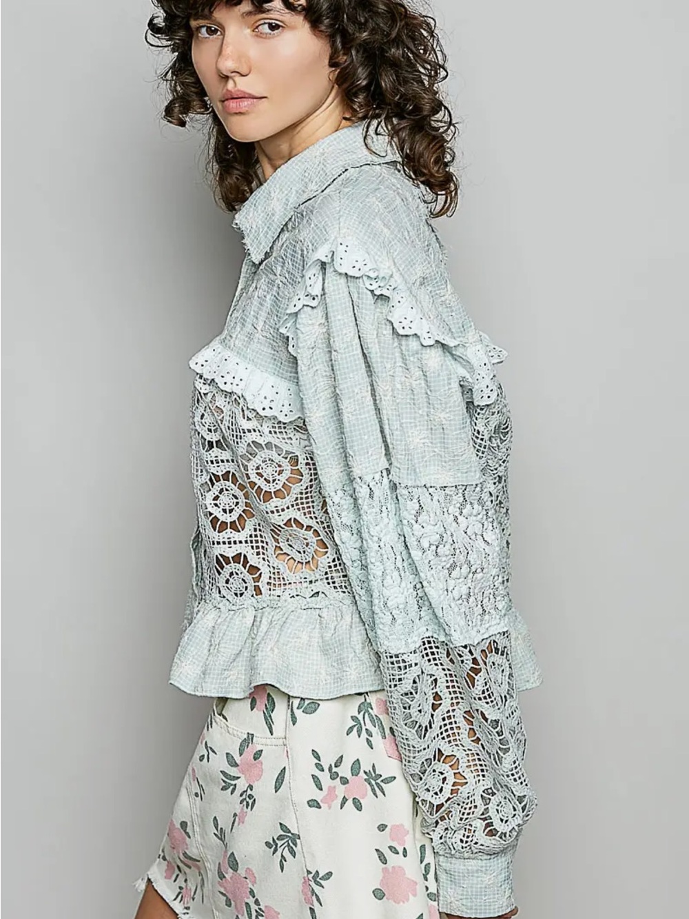 POL Pale Blue Crochet-Panel Ruffle Button Blouse - Picture 2 of 3